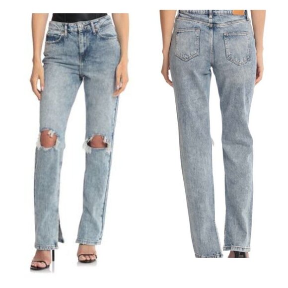 Avec Les Filles Straight High-Rise Split-Hem Acid Wash Distressed Jeans 30x33 Nw - Picture 1 of 15